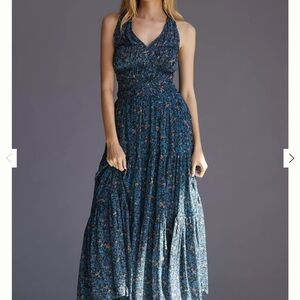 Anthropologie Maeve Halter-Neck Ruched maxi dress blue floral size small